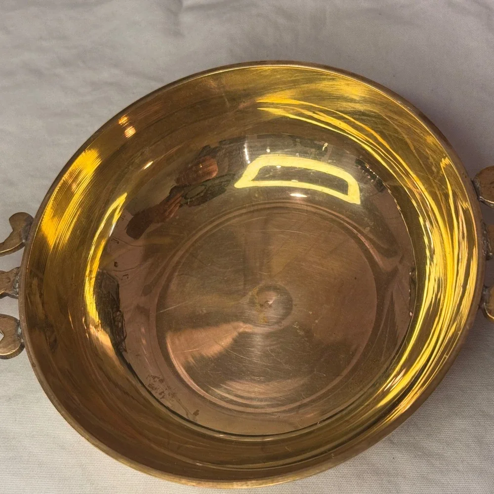 Vintage Brass Decorative Bowl with Ornate Scroll Handles Made in India 4.5